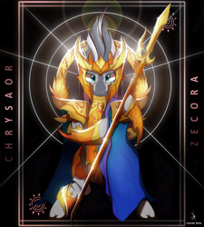 Size: 4300x4770 | Tagged: safe, artist:zidanemina, character:zecora, species:pony, species:zebra, absurd resolution, armor, beautiful, bipedal, crossover, female, looking at you, majestic, mare, saint seiya, scale, solo, spear, weapon