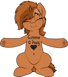 Size: 2975x3346 | Tagged: safe, artist:zippysqrl, oc, oc only, oc:sign, species:pony, species:unicorn, belly button, body writing, chest fluff, cute, eyes closed, female, freckles, frog (hoof), heart, horn, hug request, mare, ocbetes, open arms, simple background, smiling, solo, transparent background, underhoof