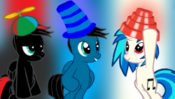 Size: 3840x2160 | Tagged: safe, artist:agkandphotomaker2000, character:dj pon-3, character:vinyl scratch, oc, oc:arnold the pony, oc:pony video maker, species:pegasus, species:pony, species:unicorn, abstract background, canon x oc, clothing, devo, energy dome, hat, propeller hat, red and black oc, silly hat, top hat, unamused, videoscratch