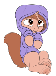 Size: 1702x2293 | Tagged: safe, artist:zippysqrl, oc, oc:zippy, species:pony, species:unicorn, brown eyes, brown hair, clothing, colored sketch, frog (hoof), hoodie, hooves to the chest, male, short horn, shy, simple background, solo, squirrel tail, transparent background, underhoof