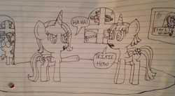 Size: 869x476 | Tagged: safe, artist:nightshadowmlp, character:rainbow dash, character:starlight glimmer, character:trixie, character:twilight sparkle, character:twilight sparkle (alicorn), species:alicorn, species:pony, alicornified, cloud, dialogue, lined paper, misspelling, picture, race swap, shocked, sleeping, stylistic suck, text, traditional art, trixiecorn, wall, window