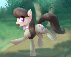 Size: 2237x1792 | Tagged: safe, artist:puetsua, character:octavia melody, species:earth pony, species:pony, balancing, chest fluff, cute, ear fluff, female, fluffy, happy, leg fluff, looking at you, mare, open mouth, outdoors, park, path, raised hoof, raised leg, running, smiling, solo, tavibetes, tree