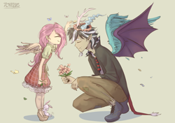 Size: 1800x1265 | Tagged: safe, artist:tcn1205, character:angel bunny, character:discord, character:fluttershy, species:human, bouquet, butterfly, crouching, cute, eyes closed, female, filly, filly fluttershy, floral head wreath, flower, horned humanization, humanized, kneeling, little, male, profile, shyabetes, spread wings, tailed humanization, winged humanization, wings, younger