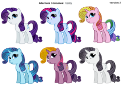 Size: 3400x2400 | Tagged: safe, artist:pika-robo, character:rainbow flash (g3), character:rarity, character:sparkler (g1), character:toola roola (g3), species:pony, species:unicorn, g1, g3, g4, adventures in ponyville, alternate costumes, blu-rarity, bluity, discorded, discorded rarity, female, g1 to g4, g3 to g4, generation leap, mare, palette swap, recolor, simple background, transparent background, vector