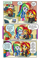 Size: 583x851 | Tagged: safe, artist:art-2u, character:nolan north, character:normal norman, character:rainbow dash, character:sunset shimmer, character:watermelody, comic:gym partners, my little pony:equestria girls, background human, cafeteria, clothing, comic, computer, dialogue, female, male, nolan north, open mouth, sitting, skirt, smiling, speech bubble, wristband
