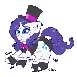 Size: 2500x2500 | Tagged: safe, artist:etoz, character:rarity, species:pony, species:unicorn, belly fluff, bow tie, cheek fluff, clothing, colored pupils, cute, dancing, ear fluff, eyeshadow, female, floppy ears, fullbody, grin, happy, hat, horn, leg fluff, looking up, makeup, mare, pubic fluff, raised hoof, raised leg, raribetes, request, requested art, shoes, simple background, smiling, solo, suit, tap dancing, text, top hat, transparent background