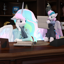 Size: 2000x2000 | Tagged: safe, artist:tahublade7, character:princess celestia, character:princess flurry heart, species:alicorn, species:anthro, species:plantigrade anthro, species:pony, 3d, clothing, daz studio, dress, female, filly, inkwell, mare, mary janes, older, quill, scroll, socks, story in the source, story included