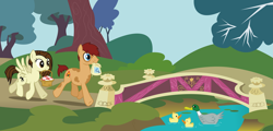 Size: 8889x4274 | Tagged: safe, artist:dragonchaser123, oc, oc only, oc:dragon chaser, oc:iron hammer, species:duck, species:pony, absurd resolution, bridge, couple, duckling, park, park background, picnic, scenery