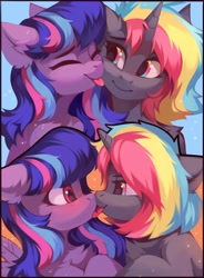 Size: 1840x2504 | Tagged: safe, artist:lispp, artist:share dast, oc, oc only, oc:musa glow, oc:star climber, species:pegasus, species:pony, species:unicorn, 2 panel comic, blushing, boop, comic, cute, female, freckles, kissing, lesbian, licking, mare, noseboop, oc x oc, ocbetes, rainbow hair, shipping, surprise kiss, tongue out