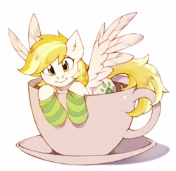 Size: 2821x2741 | Tagged: safe, artist:lispp, artist:share dast, oc, oc only, oc:dandelion blossom, species:pegasus, species:pony, clothing, coffee, cup, cup of pony, female, mare, micro, socks, solo, striped socks