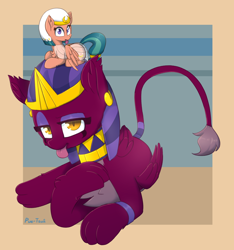 Size: 2368x2533 | Tagged: safe, artist:puetsua, character:somnambula, character:sphinx, species:pegasus, species:pony, species:sphinx, episode:daring done, g4, behaving like a bird, behaving like a cat, chest fluff, clothing, cute, ear fluff, female, mare, on head, smiling, tongue out