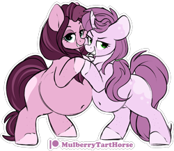 Size: 2122x1845 | Tagged: safe, artist:mulberrytarthorse, oc, oc:mulberry tart, oc:southern smorgasbord, species:pony, species:unicorn, belly, belly button, big belly, chubby, daughter, duo, fat, female, looking at you, mother, mother and daughter, patreon, patreon logo, simple background, smiling, transparent background