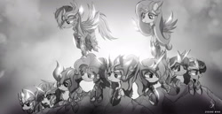 Size: 2100x1080 | Tagged: safe, artist:zidanemina, character:applejack, character:bon bon, character:dj pon-3, character:fluttershy, character:lyra heartstrings, character:octavia melody, character:pinkie pie, character:rainbow dash, character:sweetie drops, character:twilight sparkle, character:twilight sparkle (alicorn), character:vinyl scratch, species:alicorn, species:earth pony, species:pegasus, species:pony, species:unicorn, armor, female, grayscale, mare, monochrome, open mouth, saint seiya