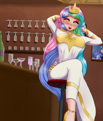 Size: 1115x1311 | Tagged: safe, artist:focusb, character:princess celestia, species:human, bar, clothing, dress, eyes closed, female, humanized, open mouth, sitting, solo, stool