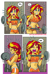 Size: 598x851 | Tagged: safe, artist:art-2u, character:sunset shimmer, comic:gym partners, my little pony:equestria girls, belly button, breasts, clothing, comic, eyes closed, female, midriff, open mouth, shorts, solo, sports bra, sports shorts, sweat, weight lifting, weights, workout, workout outfit, wristband
