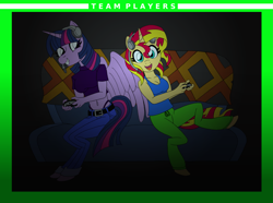 Size: 4697x3500 | Tagged: safe, artist:supra80, character:sunset shimmer, character:twilight sparkle, character:twilight sparkle (alicorn), species:alicorn, species:anthro, species:pony, species:unguligrade anthro, belly button, clothing, controller, couch, double mane, headphones, implied lesbian, implied shipping, implied sunsetsparkle, midriff, photoshop