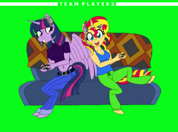 Size: 4697x3500 | Tagged: safe, alternate version, artist:supra80, character:sunset shimmer, character:twilight sparkle, character:twilight sparkle (alicorn), species:alicorn, species:anthro, species:pony, species:unguligrade anthro, belly button, clothing, controller, couch, double mane, headphones, implied lesbian, implied shipping, implied sunsetsparkle, midriff, photoshop