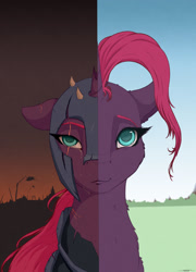 Size: 1800x2500 | Tagged: safe, artist:skitsroom, character:fizzlepop berrytwist, character:tempest shadow, species:pony, species:unicorn, my little pony: the movie (2017), armor, broken horn, bust, eye scar, female, helmet, horn, mare, scar, solo, split screen, two sided posters