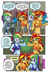 Size: 583x851 | Tagged: safe, artist:art-2u, character:rainbow dash, character:sunset shimmer, comic:gym partners, my little pony:equestria girls, abs, belly button, biceps, breasts, clothing, comic, dialogue, female, flexing, gym uniform, midriff, muscles, open mouth, rainbuff dash, shorts, smiling, speech bubble, sports bra, sports shorts, sunset lifter, sweat, towel, weights, workout outfit, wristband