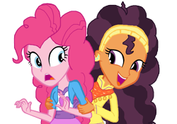 Size: 1291x902 | Tagged: safe, artist:bigpurplemuppet99, artist:firefly-bases, base used, edit, character:pinkie pie, character:saffron masala, ship:saffronpie, my little pony:equestria girls, equestria girls-ified, female, lesbian, shipping