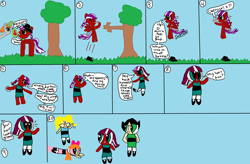 Size: 2520x1650 | Tagged: safe, artist:nightshadowmlp, oc, oc:crimson, oc:night shadow, species:pony, blossom (powerpuff girls), bottle, bubbles (powerpuff girls), buttercup (powerpuff girls), chemical x, clothing, cowboy hat, dialogue, dress, hat, pony to human, powerpuffified, request, requested art, sky, smiling, the powerpuff girls, transformation, transformation sequence, tree, tree branch