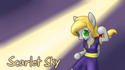 Size: 2732x1536 | Tagged: safe, artist:spheedc, oc, oc only, oc:scarlet sky, species:pegasus, species:pony, abstract background, arm hooves, bipedal, clothing, digital art, female, folded wings, mare, ponytail, semi-anthro, solo, text