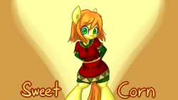Size: 2732x1536 | Tagged: safe, artist:spheedc, oc, oc only, oc:sweet corn, species:earth pony, species:pony, abstract background, arm behind back, bipedal, clothing, digital art, female, mare, semi-anthro, solo, text