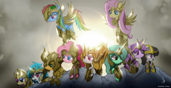 Size: 2100x1080 | Tagged: safe, artist:zidanemina, character:applejack, character:bon bon, character:dj pon-3, character:fluttershy, character:lyra heartstrings, character:octavia melody, character:pinkie pie, character:rainbow dash, character:sweetie drops, character:twilight sparkle, character:vinyl scratch, oc, oc:equalis, species:earth pony, species:pegasus, species:pony, species:unicorn, armor, cloud, cloudy, crossover, fangs, female, flying, gold armor, gold saint, group, group photo, hooves, horn, mare, open mouth, saint seiya, smiling, vampire, wings