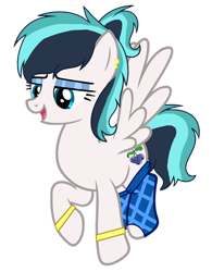 Size: 1024x1314 | Tagged: safe, artist:pegasski, artist:space--paws0w0, base used, edit, oc, oc only, oc:blueberry rain, species:pegasus, species:pony, bedroom eyes, bracelet, clothing, ear piercing, earring, eyeshadow, female, flying, jewelry, makeup, mare, multicolored hair, open mouth, piercing, socks, solo, striped socks