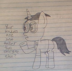 Size: 390x383 | Tagged: safe, artist:nightshadowmlp, species:pony, species:unicorn, clothing, colt, confused, dib membrane, glasses, implied tallest purple, implied tallest red, invader zim, lined paper, male, ponified, raised hoof, solo, text, traditional art