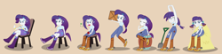 Size: 9419x2317 | Tagged: safe, artist:magerblutooth, character:rarity, my little pony:equestria girls, :3, absurd resolution, alternate hairstyle, apple, barrel, blue jeans, boots, box, burp, clothing, clothing transformation, commission, cowboy boots, dirt, dirty, eyes closed, food, freckles, grin, hay stalk, haystack, jeans, mental shift, mud, nail file, open mouth, pants, personality change, pigtails, ponytail, rarihick, shirt, shoes, shovel, show accurate, simple background, sitting, skirt, smiling, solo, spurs, stains, stool, story included, straw in mouth, stretching, tank top, teeth, toothpick, transformation, transformation sequence, vector