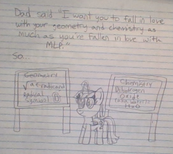 Size: 547x488 | Tagged: safe, artist:nightshadowmlp, character:twilight sparkle, character:twilight sparkle (alicorn), species:alicorn, species:pony, chalk, chalkboard, chemistry, female, geometry, glowing horn, implied water, lined paper, mare, math, radicand, solo, square root, text, traditional art
