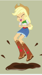 Size: 1242x2208 | Tagged: safe, artist:magerblutooth, character:applejack, my little pony:equestria girls, boots, cowboy boots, eyes closed, female, jumping, mud puddle, solo
