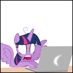 Size: 2000x2000 | Tagged: safe, artist:mrkat7214, character:twilight sparkle, character:twilight sparkle (alicorn), species:alicorn, species:pony, comic:twilight vs. computer, computer, cropped, empty eyes, female, high res, jaw drop, laptop computer, reaction image, shocked, simple background, solo, spread wings, white background, wings