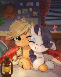 Size: 1040x1297 | Tagged: safe, artist:tcn1205, character:applejack, character:rarity, species:earth pony, species:pony, species:unicorn, ship:rarijack, :t, applejack's hat, bed, blanket, blushing, clothing, complex background, cowboy hat, cuddling, cute, dawwww, digital art, eyes closed, female, happy, hat, heart, holding hooves, jackabetes, lamp, lesbian, lying down, lying on bed, mare, night, nuzzling, raribetes, shipping, smiling, squishy cheeks, weapons-grade cute