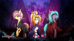 Size: 3840x2160 | Tagged: safe, artist:zidanemina, oc, oc only, oc:equalis, species:pony, city, clothing, dante (devil may cry), demon hunter, devil may cry, devil may cry 5, nero (devil may cry), not adagio dazzle, sword, v (devil may cry), video game crossover, weapon