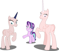 Size: 4827x4106 | Tagged: safe, artist:tralomine, artist:velveagicsentryyt, base used, edit, editor:slayerbvc, character:princess celestia, character:princess luna, character:starlight glimmer, species:alicorn, species:pony, species:unicorn, episode:a royal problem, g4, my little pony: friendship is magic, bald, blushing, edited edit, embarrassed, female, furless, furless edit, grin, looking back, mare, missing accessory, moonbutt, nervous, nervous grin, now you fucked up, nude edit, nudity, plot, plucked wings, raised hoof, royal sisters, shaved, shaved tail, simple background, smiling, spell gone wrong, sunbutt, this will end in tears and/or a journey to the moon, transparent background, underhoof, vector, vector edit, wat