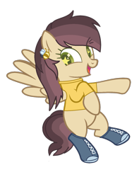 Size: 1097x1389 | Tagged: safe, artist:pegasski, artist:space--paws0w0, base used, oc, oc only, oc:marigold bloom, species:pegasus, species:pony, bee, blank flank, boots, clothing, converse, female, flying, hairpin, mare, raised hoof, shirt, shoes, simple background, solo, starry eyes, t-shirt, transparent background, wingding eyes