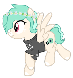 Size: 1141x1221 | Tagged: safe, artist:pegasski, artist:space--paws0w0, base used, oc, oc:snap happy, species:pegasus, species:pony, blaze (coat marking), clothing, female, floral head wreath, flower, flying, freckles, mare, raised hoof, shirt, simple background, solo, t-shirt, transparent background