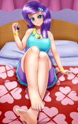 Size: 1183x1872 | Tagged: safe, artist:focusb, character:rarity, species:human, my little pony:equestria girls, bare shoulders, barefoot, bed, bedroom, cute, feet, female, humanized, legs, nail polish, raribetes, solo, toenail polish