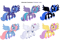 Size: 3600x2500 | Tagged: safe, artist:pika-robo, character:nightmare moon, character:princess luna, species:alicorn, species:pony, g1, g4, alternate costumes, female, g1 to g4, generation leap, hoof shoes, mare, palette swap, peytral, princess, princess ponies, princess royal blue, princess starburst, princess tiffany, recolor, s1 luna, simple background, spread wings, transparent background, vector, wings
