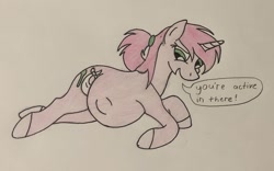 Size: 1946x1214 | Tagged: safe, artist:warrior_stew, oc, oc only, oc:mulberry tart, species:pony, dialogue, female, kicking, mare, pregnant, traditional art