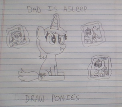 Size: 611x535 | Tagged: safe, artist:nightshadowmlp, character:applejack, character:lyra heartstrings, oc, oc:game point, oc:ola tiger, applejack's hat, clothing, cowboy hat, glowing horn, hat, implied drawing, implied father, lined paper, magic, mods are asleep, mods are asleep post ponies, paper, smiling, stetson, text, traditional art