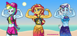 Size: 1929x906 | Tagged: safe, artist:art-2u, character:rainbow dash, character:sunset shimmer, character:trixie, equestria girls:forgotten friendship, g4, my little pony: equestria girls, my little pony:equestria girls, armpits, beach, belly button, biceps, bracelet, clothing, flexing, geode of empathy, geode of super speed, grand and muscular trixie, hat, jewelry, looking at you, magical geodes, midriff, muscles, necklace, rainbuff dash, sarong, smiling, sun, sunglasses, sunset lifter, swimsuit