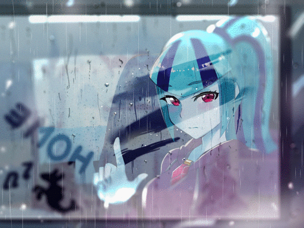 Size: 600x450 | Tagged: safe, artist:tzc, character:sonata dusk, species:siren, my little pony:equestria girls, animated, anime, clothing, cute, female, gem, gif, homesick, looking out the window, loop, misted glass drawing, rain, sad, siren gem, solo, sonatabetes, sweater