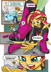 Size: 610x851 | Tagged: safe, artist:art-2u, character:sunset shimmer, oc, oc:vanilla beam, my little pony:equestria girls, blushing, boots, breath, clothing, comic, commission, equestria girls-ified, female, giantess, jacket, leather jacket, loud, macro/micro, shoes, skirt, small, vanilla beam