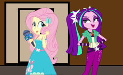 Size: 1800x1098 | Tagged: safe, artist:bigpurplemuppet99, artist:kimberlythehedgie, character:aria blaze, character:fluttershy, ship:ariashy, my little pony:equestria girls, female, flat colors, flutterblaze, lesbian, shipping, show accurate, soft color