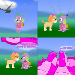 Size: 2001x2001 | Tagged: safe, artist:phallen1, character:spike, character:spike (dog), species:bird, species:dog, species:roc, my little pony:equestria girls, angry, bared teeth, clothing, comic, covered, falling, goggles, jacket, jetpack, landing, nose to nose, parachute, paw patrol, pointing, skye (paw patrol), spike's dog collar, the simpsons
