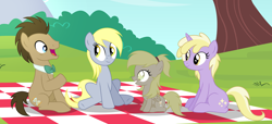 Size: 4308x1968 | Tagged: safe, artist:velveagicsentryyt, character:derpy hooves, character:dinky hooves, character:doctor whooves, character:time turner, oc, oc:muffinyves, parent:derpy hooves, parent:doctor whooves, parents:doctorderpy, species:pegasus, species:pony, ship:doctorderpy, doctor whooves gets all the assistants, family, female, filly, male, offspring, older, picnic blanket, shipping, straight