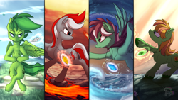 Size: 1440x810 | Tagged: safe, artist:cafecomponeis, oc, oc only, oc:evergreen feathersong, species:earth pony, species:pegasus, species:pony, species:unicorn, commission, cutie mark, earth, elemental, elemental pony, fire, flower, jewel, jewelry, lava, magic, rock, scenery, serious, serious face, signature, water, wave, ych result